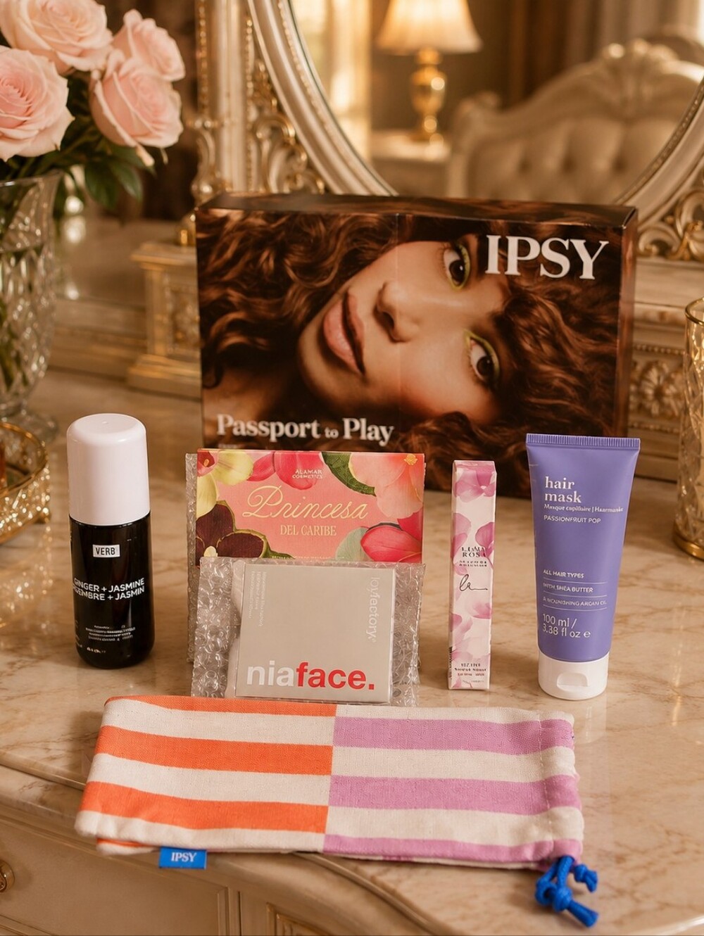ipsy items, amber jasmine spray ,princesa, alma cosmetics, eye liner, hair mask,
